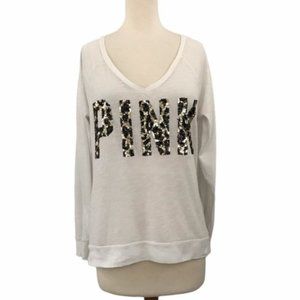 PINK by VS Leopard Print Sequin Logo White V-Neck